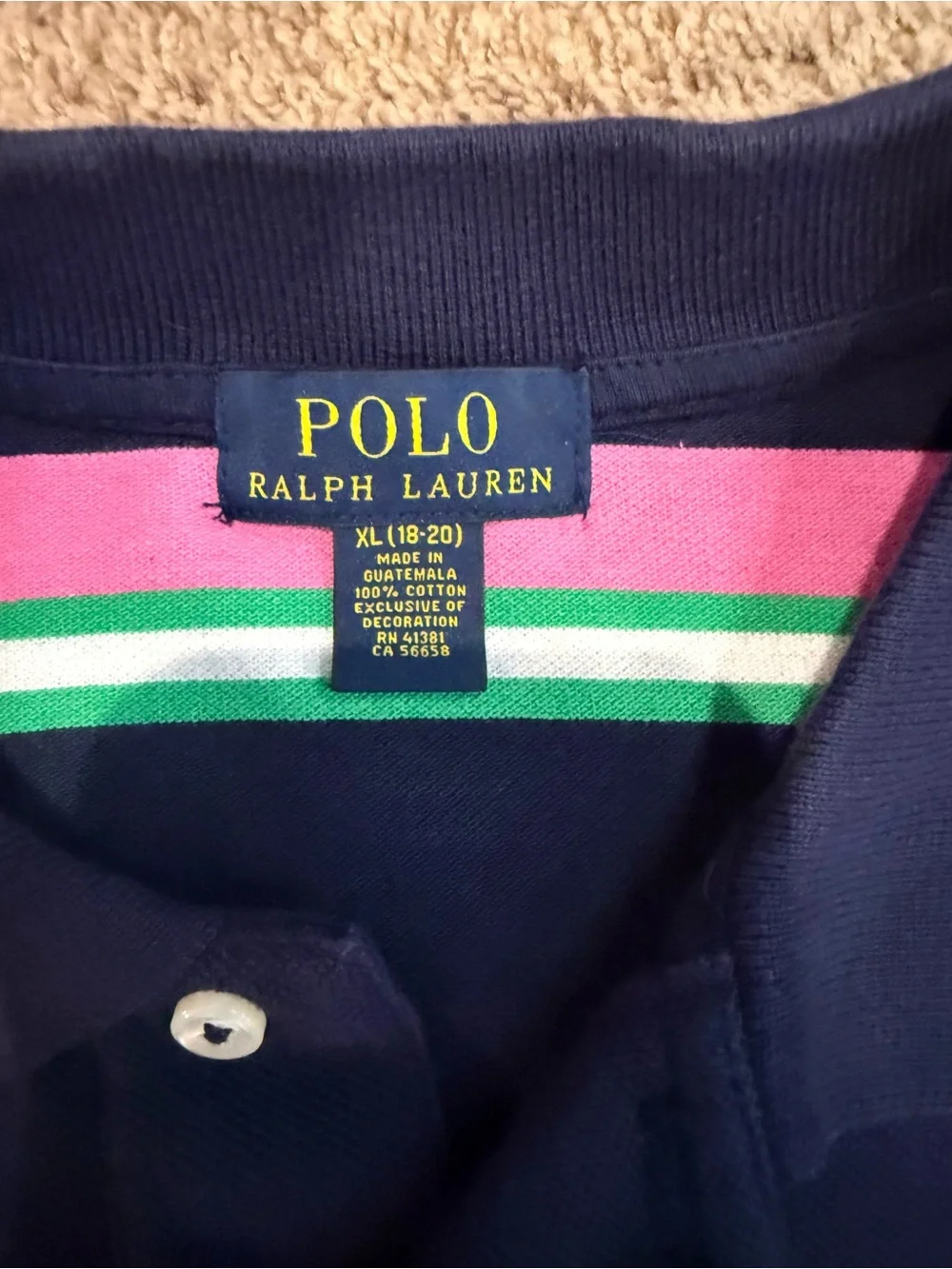 Polo by Ralph Lauren Navy Polo with Pink, Green & White Stripes